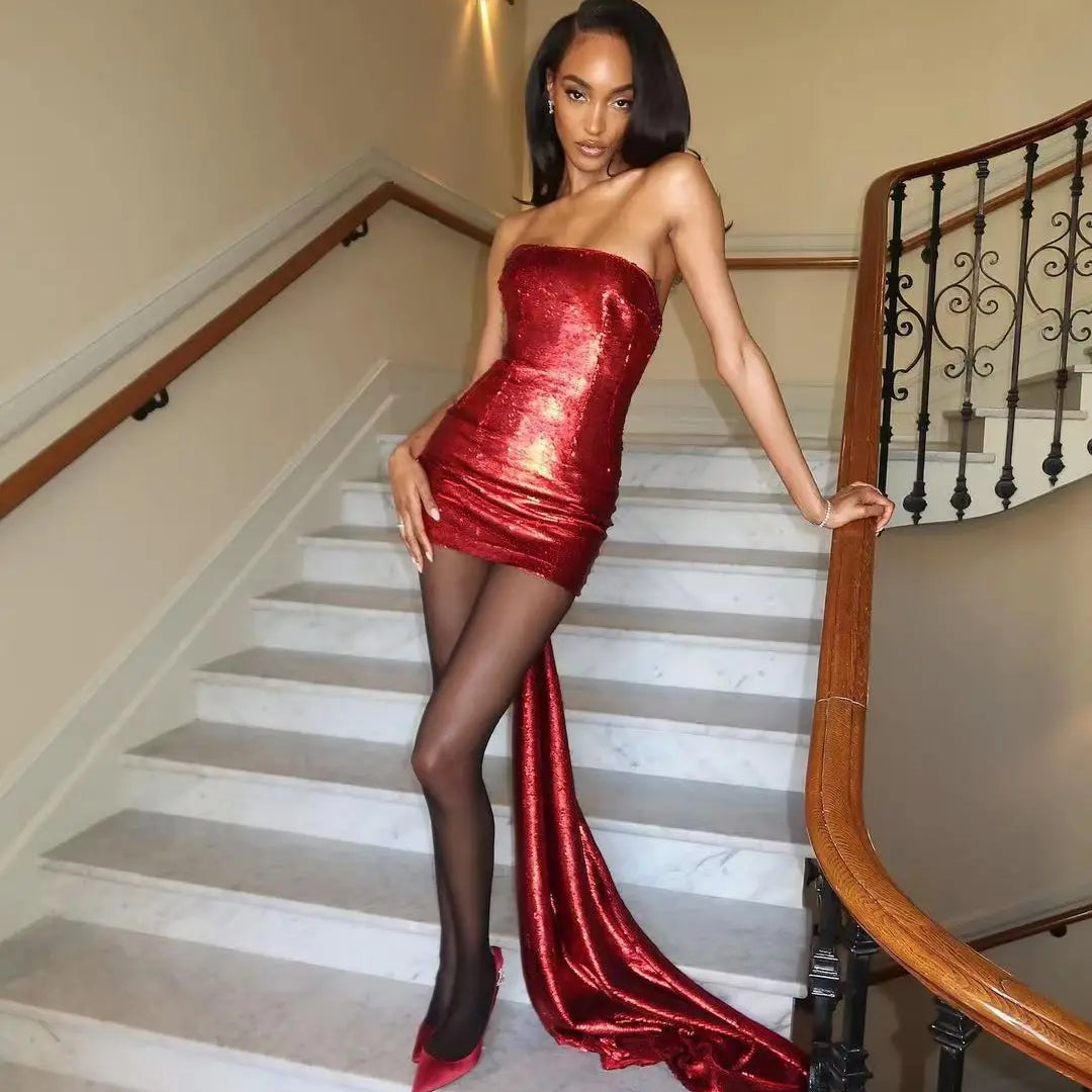 2023 Christmas Shinning Sequins Nightclub Party Celebrate Dress Women Sexy Strapless Bodycon Big Bow Mini Dress