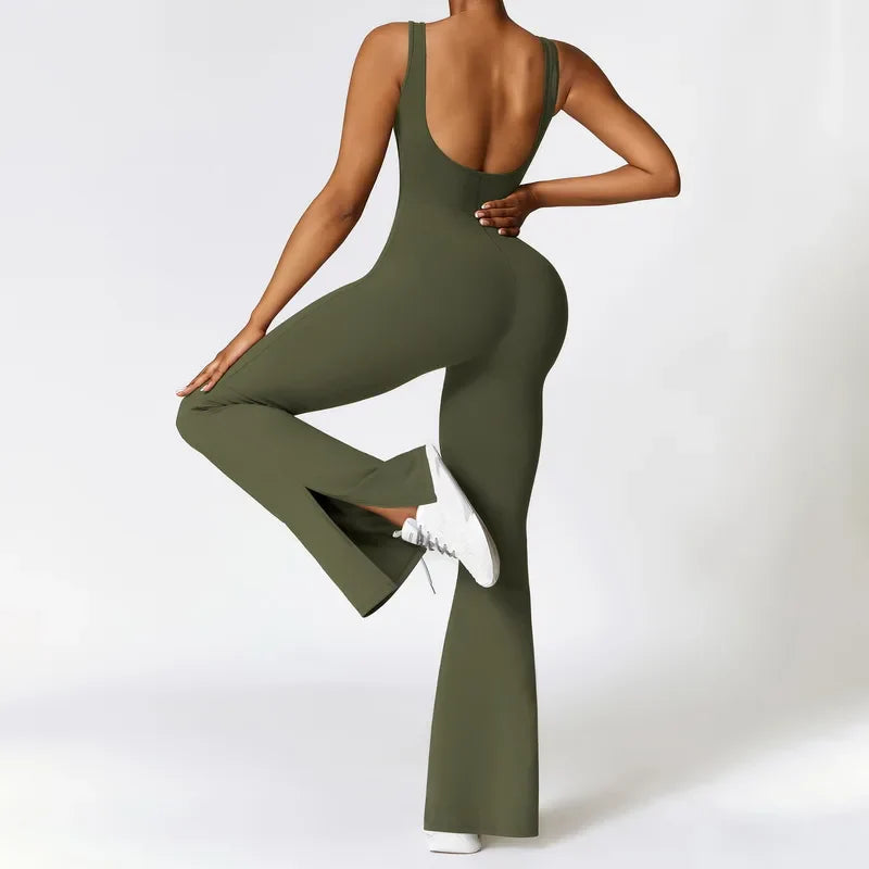 Woman Gym Outfits Fashion Seamless Sporty Jumpsuit With Flare Pants One Piece Yoga Dance Jumpsuit Female Fitness Sport Overalls 1-Army Green
