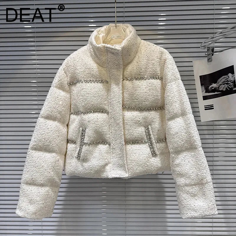 Winter New Sweet Fashion Rhinestone Beaded Edge Thick Tweed Stand Collar Warm Jacket For Women Cotton Coat 11A07587