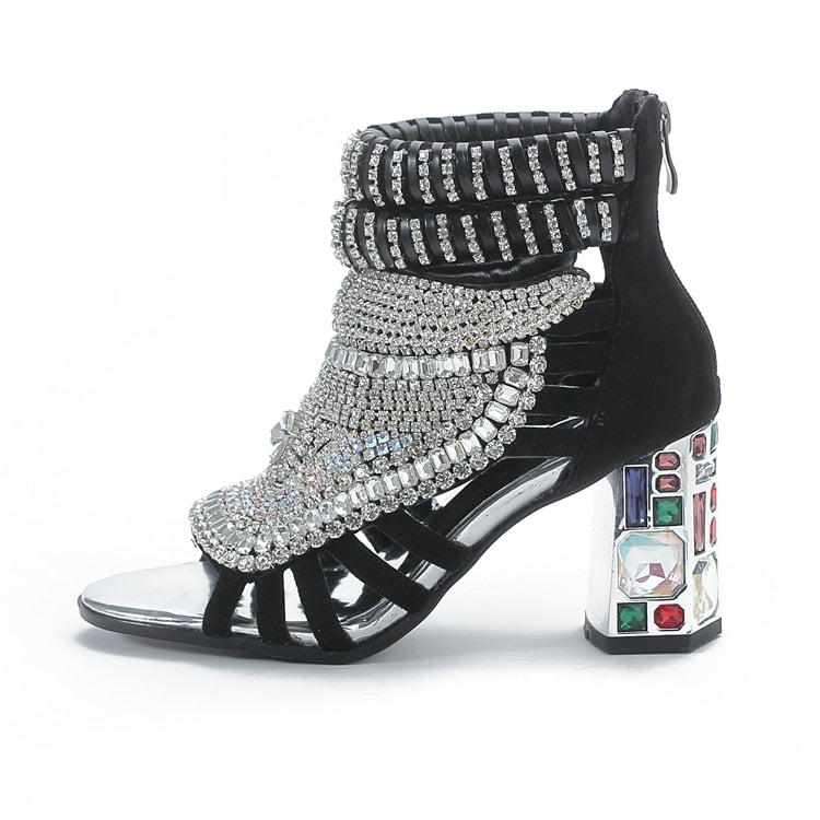 Summer Fashion Sandals Bling Rhinestone High Heels Diamond Chunky Heel Thin Strap Zip Open Toe Boots Designer Shoes Party Prom