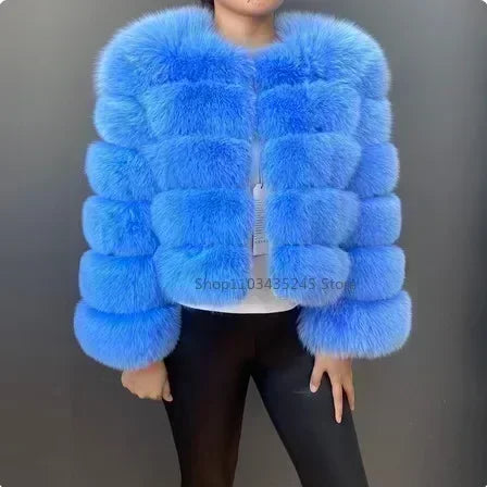 Women's Fashion Faux Fur Coat Super Hot Autumn Winter Women Short Faux Fox Fur Fluffy Jacket High Quality 5xl Ladies Furry Coats Bright blue