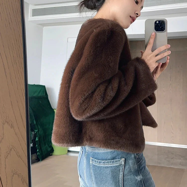 Autumn Winter Chic Luxury Soft Thick Warm Brown Faux Mink Fur Coat Women with Deep V Neck Long Sleeve Fluffy Jacket 2024 Brown