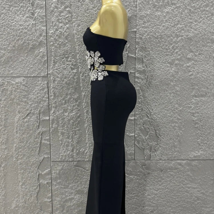 Black Color Women Shinning Diamond Flowers Sexy 2 Pieces Bodycon Long Bandage Dress Nightclub Party Celebrate Birthday Outfit