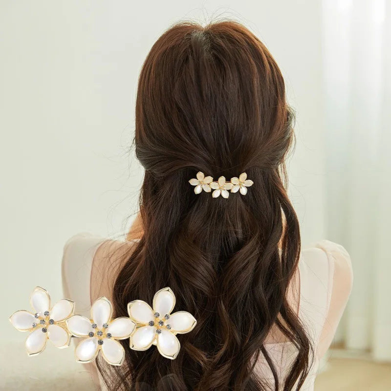 New Korean white flower pearl spring clip boutique opal bowknot horizontal clip temperament female fashion hair accessories