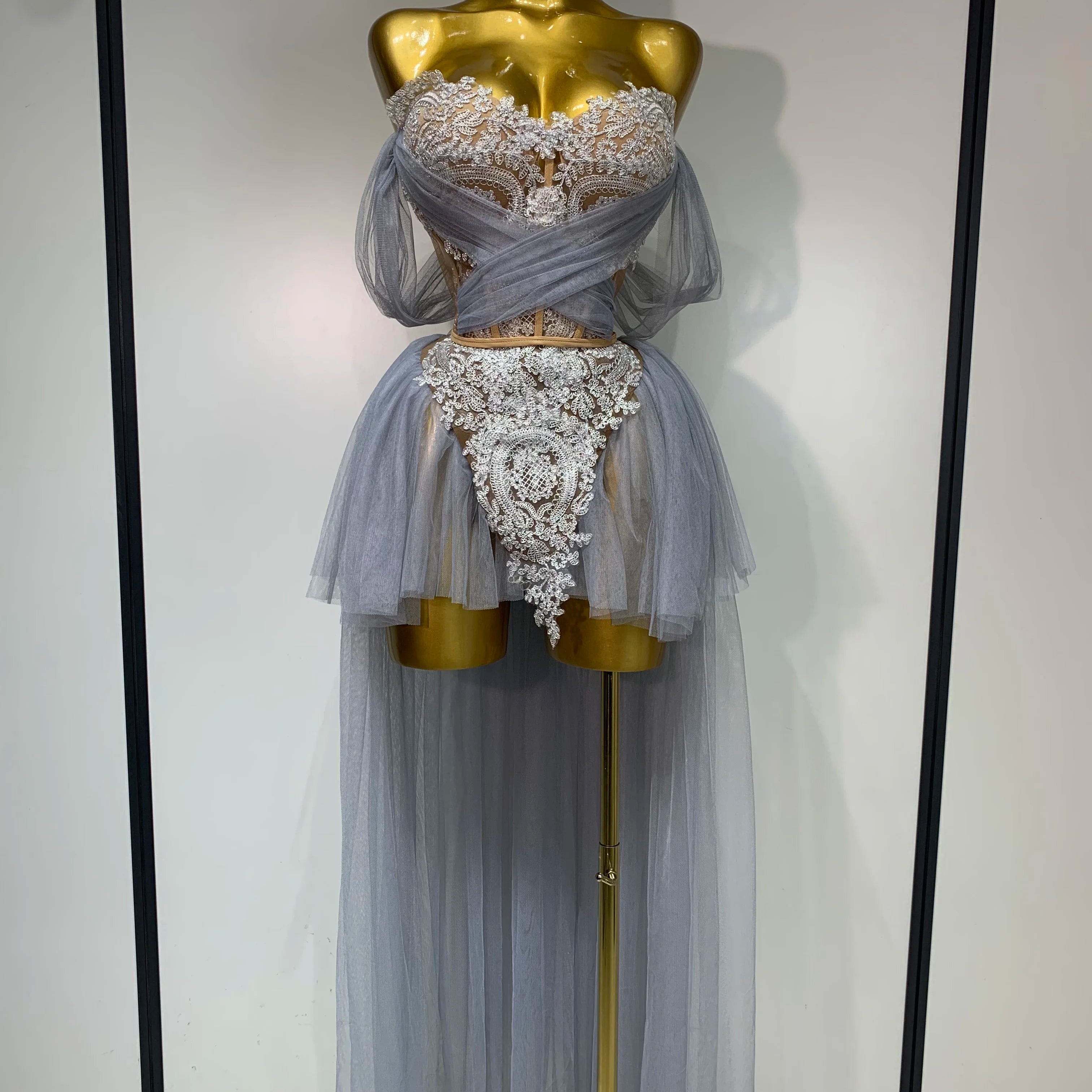 Sexy Backless Mesh Top Skirt Two Pieces Set Celebrate Festival Performance Costume Luxury Birthday Evening Party Design Dress GRAY