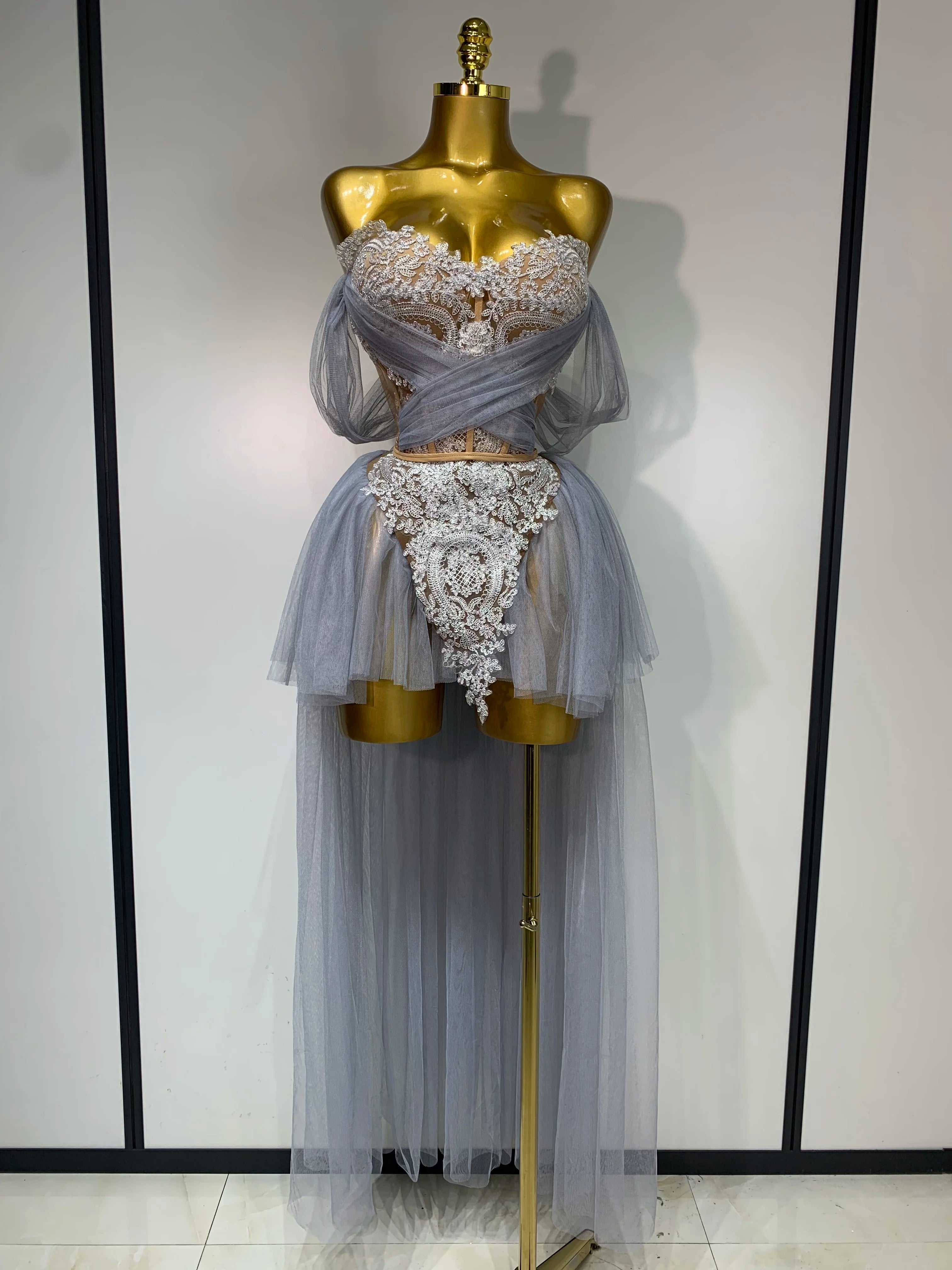 Women Sexy Strapless Pink Mesh Two Pieces Set Prom Gown Celebrate Birthday Nightclub Party Singer Stage Performance Costume GRAY