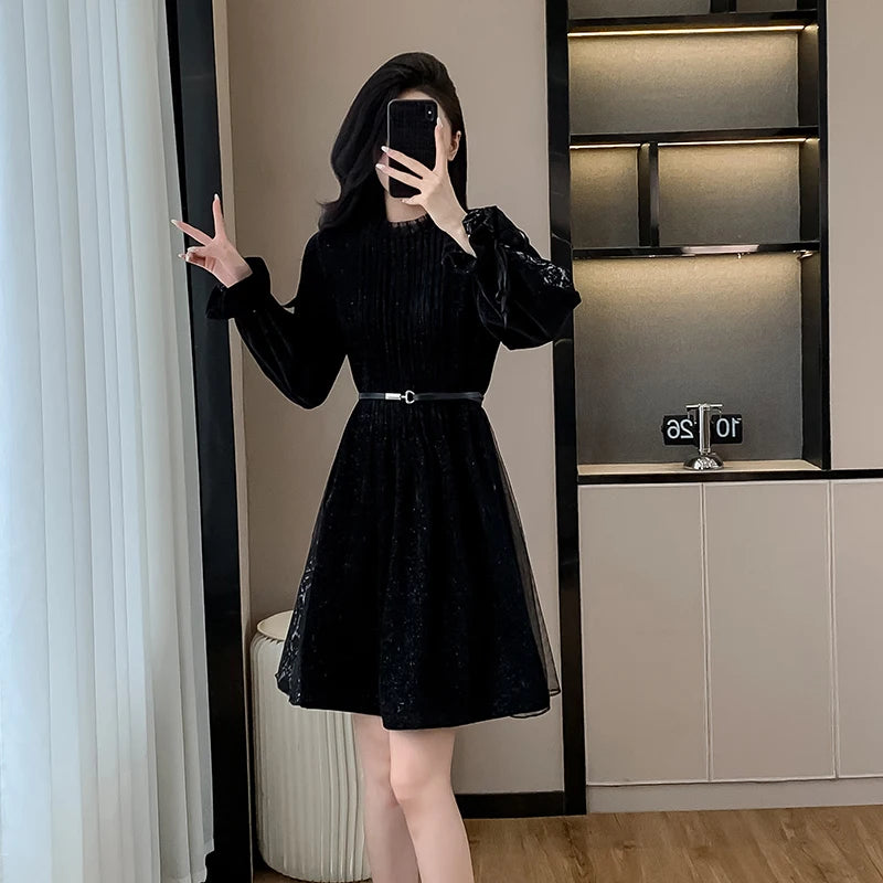 Coigarsam Women's Black Dress - Patchwork O-Neck, Mesh Sequins - Chic Evening & Party Fashion