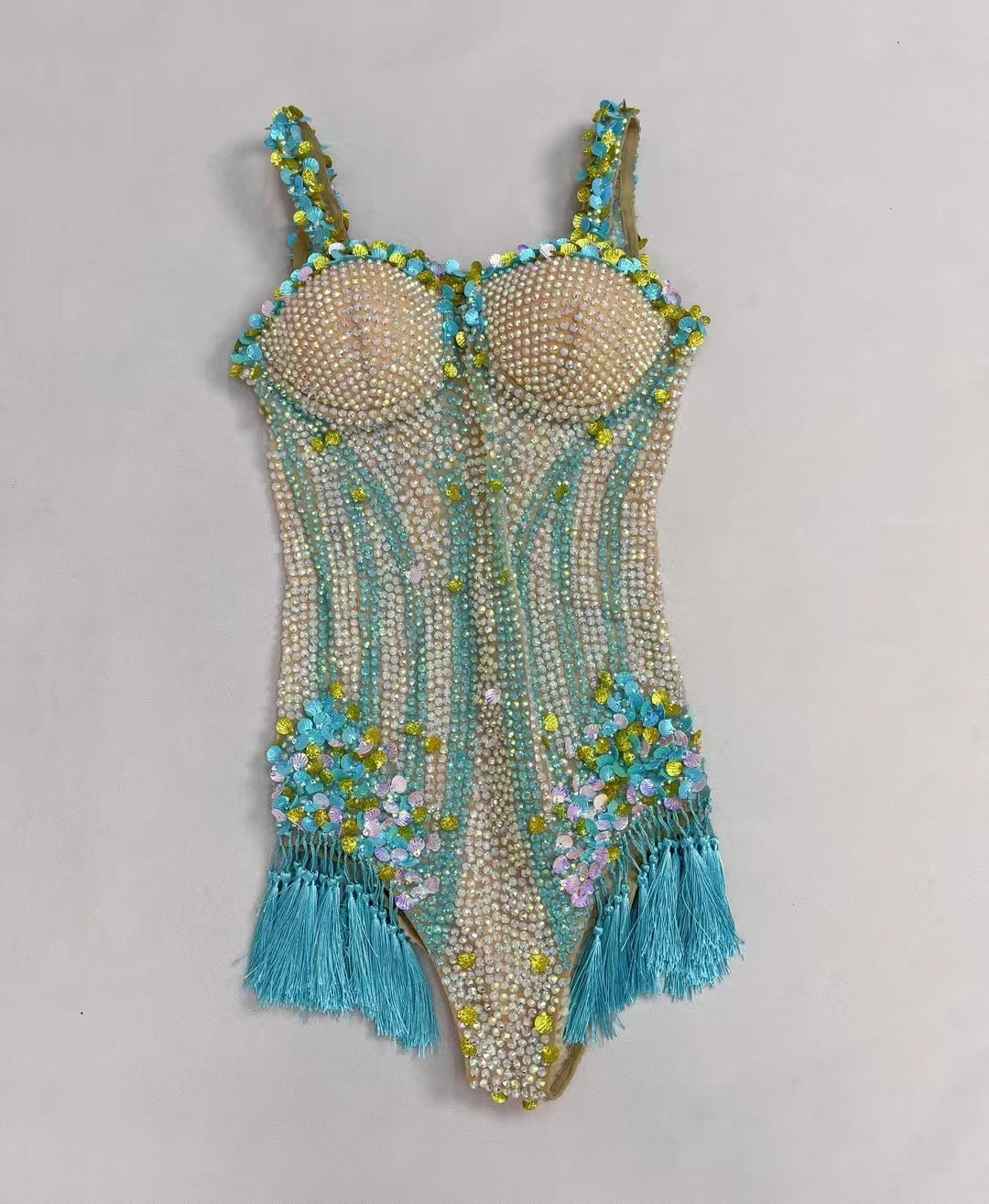 Sparkly Rhinestone Shell Tassel Bodysuit Club Dance Performance Leotard Women Nightclub Party Singer Stage Sexy Bodysuit Nanning