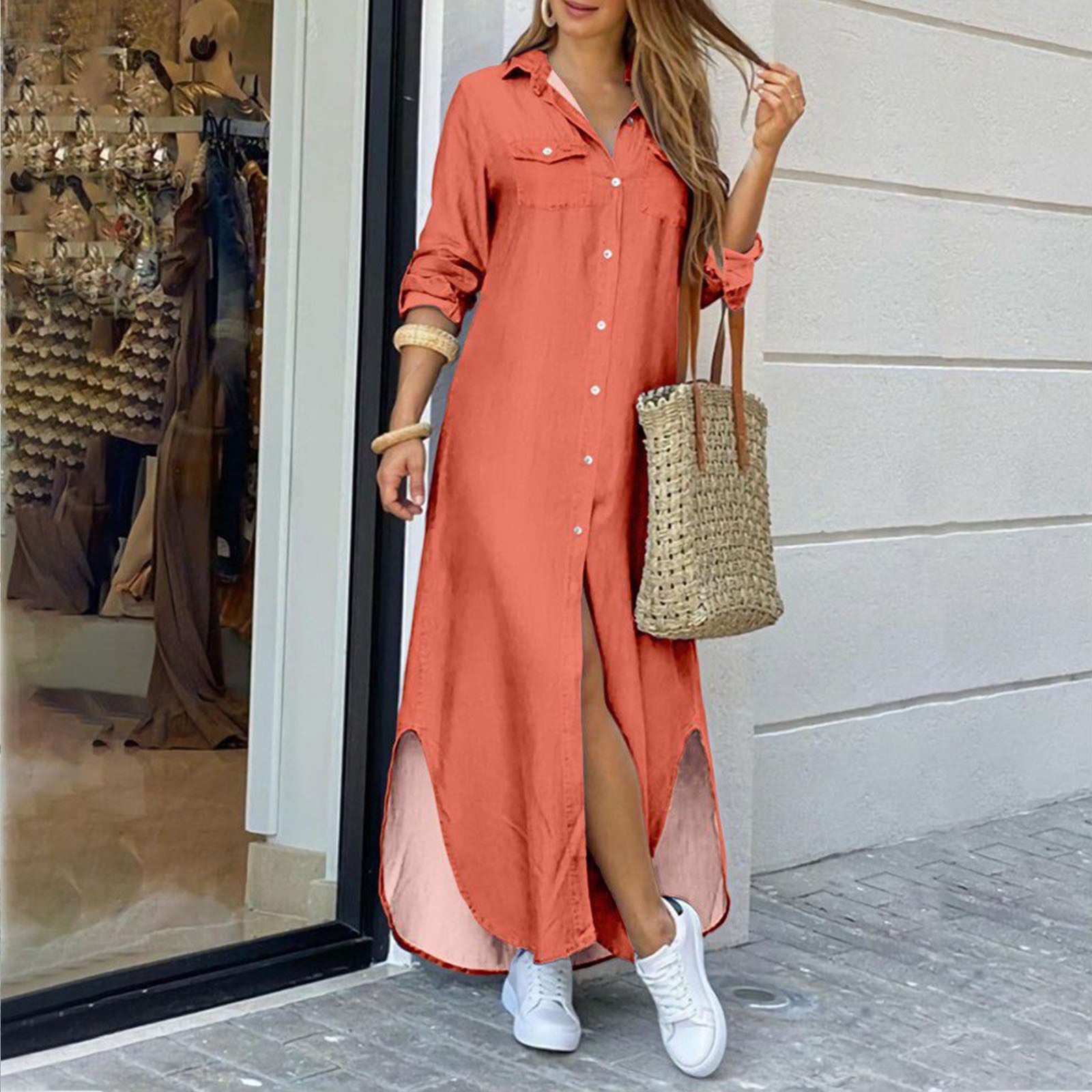 Summer Fashion Elegant Shirt Dress Women - Print Long Sleeve Button Ladies Office Holiday Casual Clothing Female Maxi Dress Orange