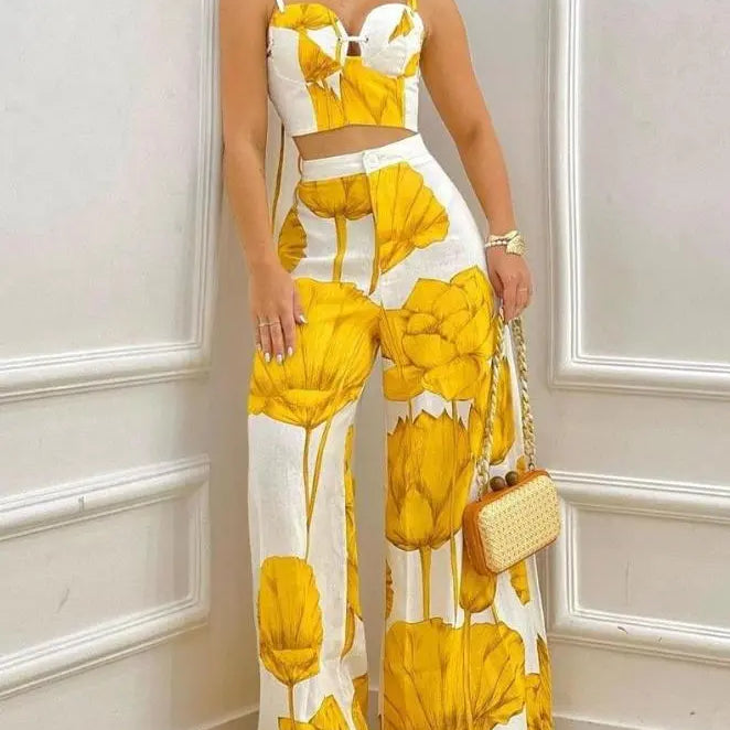 Two Piece Sets Womens Outifits Spring Fashion Plants Print Sleeveless Crop Cami Top & Casual Wide Leg Vacation Pants Set A