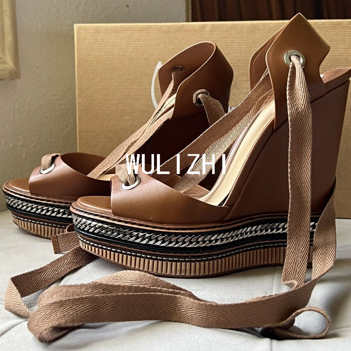 Wedge Metal Chain Strap Sexy Sandals Woman Peep Brown Leather Zipper Platform Heels Cover Open Suede Velvet Noble Shoes Summer