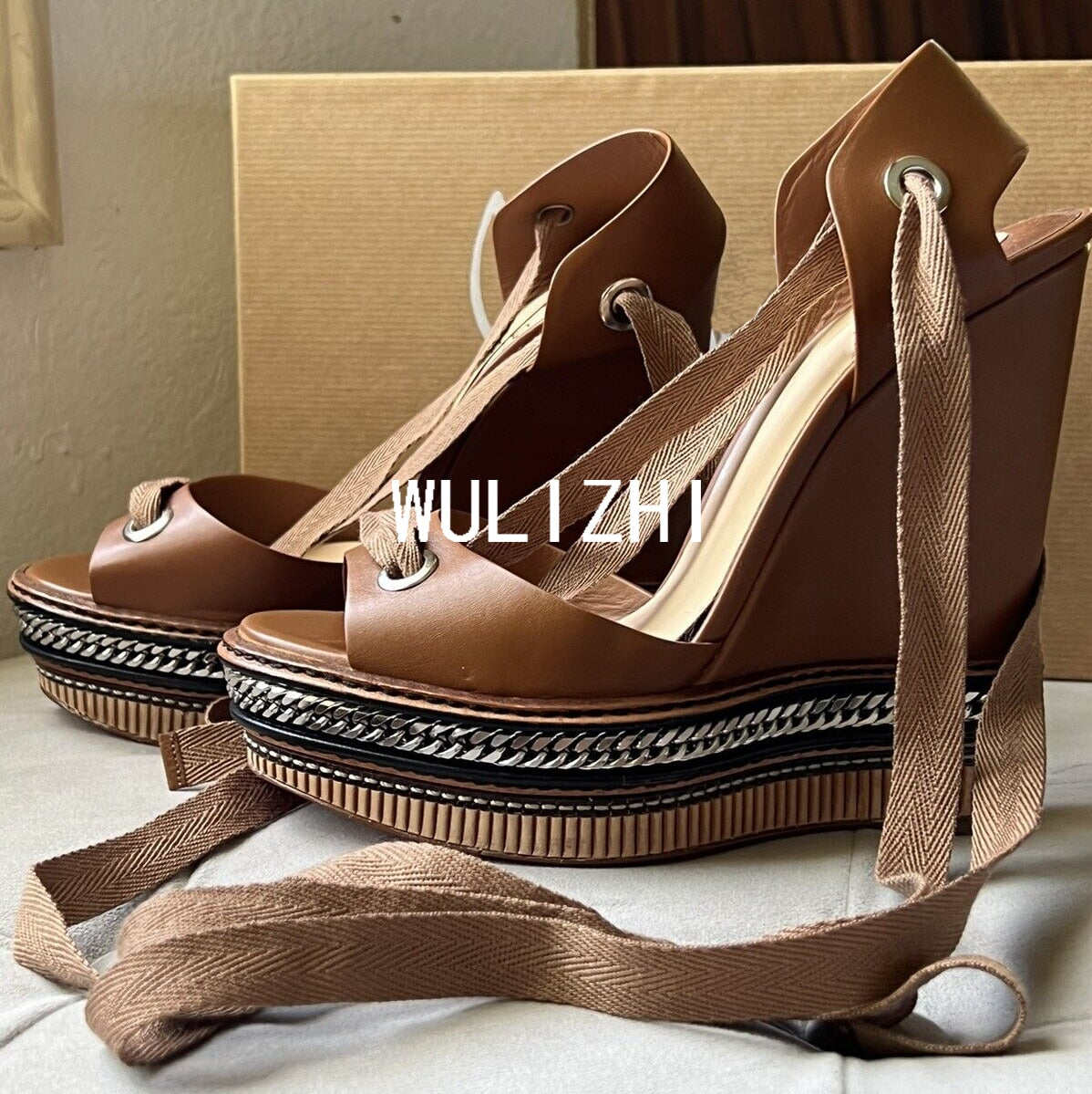 Wedge Metal Chain Strap Sexy Sandals Woman Peep Brown Leather Zipper Platform Heels Cover Open Suede Velvet Noble Shoes Summer