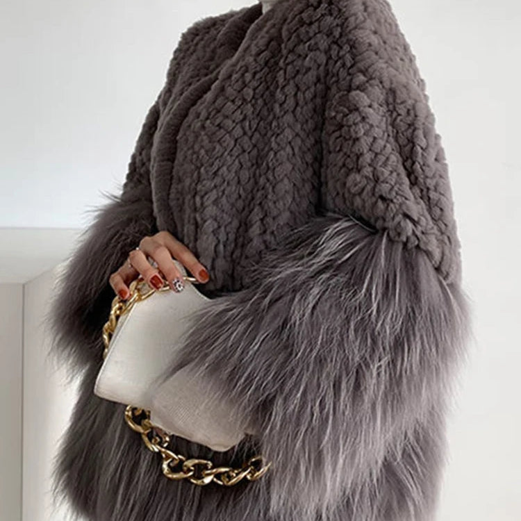 Women Fur Patchwork Imitation Furs Coats Loose Elegant O-neck Solid Cardigan Weave Design Blends Jacket Autumn