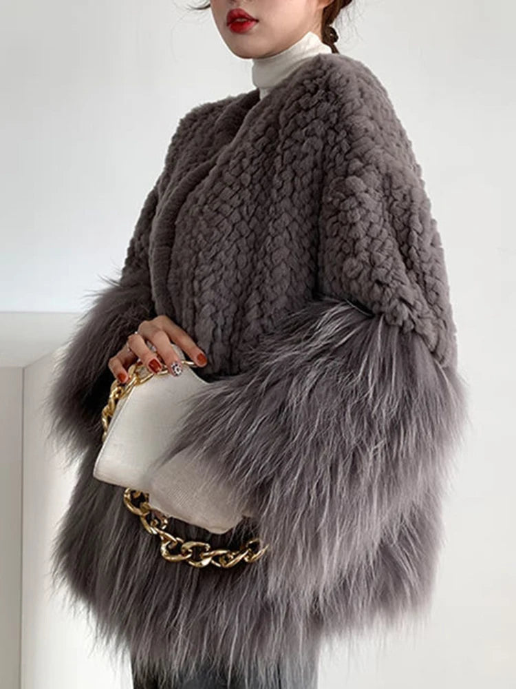 Women Fur Patchwork Imitation Furs Coats Loose Elegant O-neck Solid Cardigan Weave Design Blends Jacket Autumn