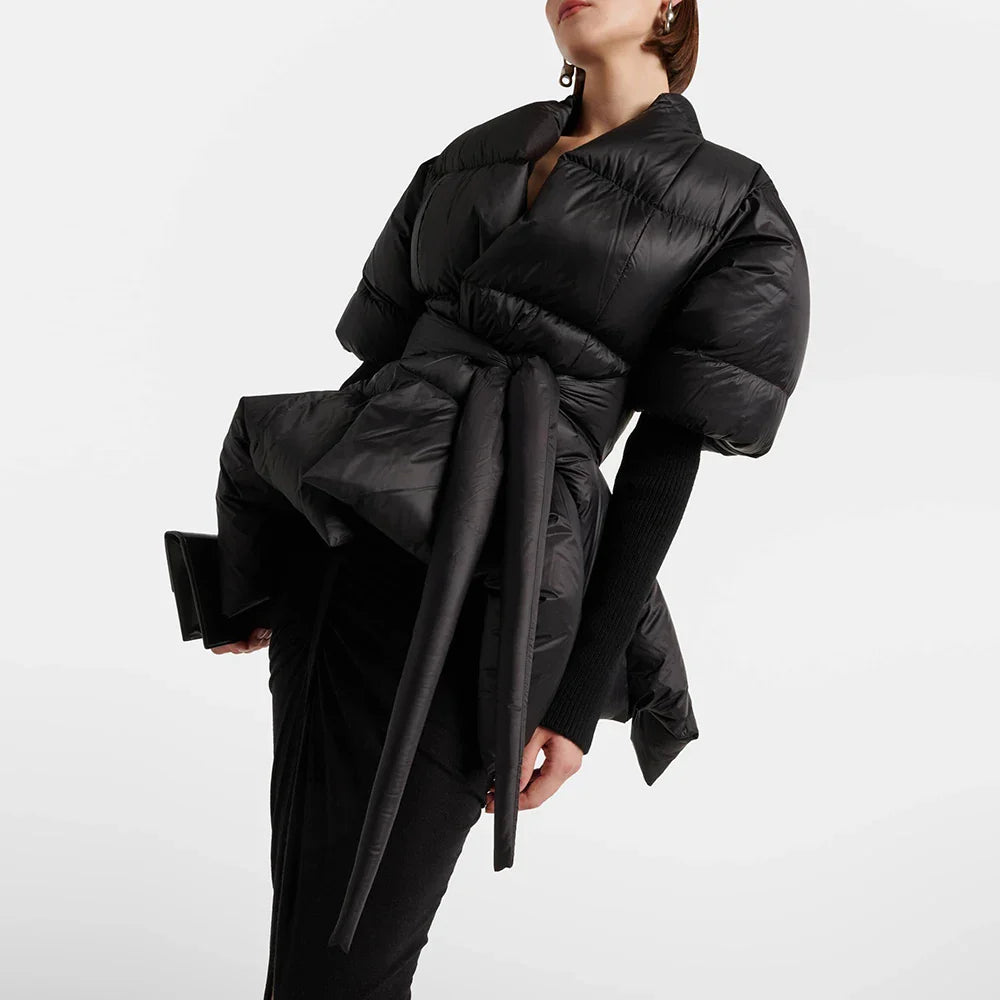 Solid Temperament Spliced Lace Up Coat for Women V Neck Long Sleeves Tunic Warm Cotton Coats Female Clothing New