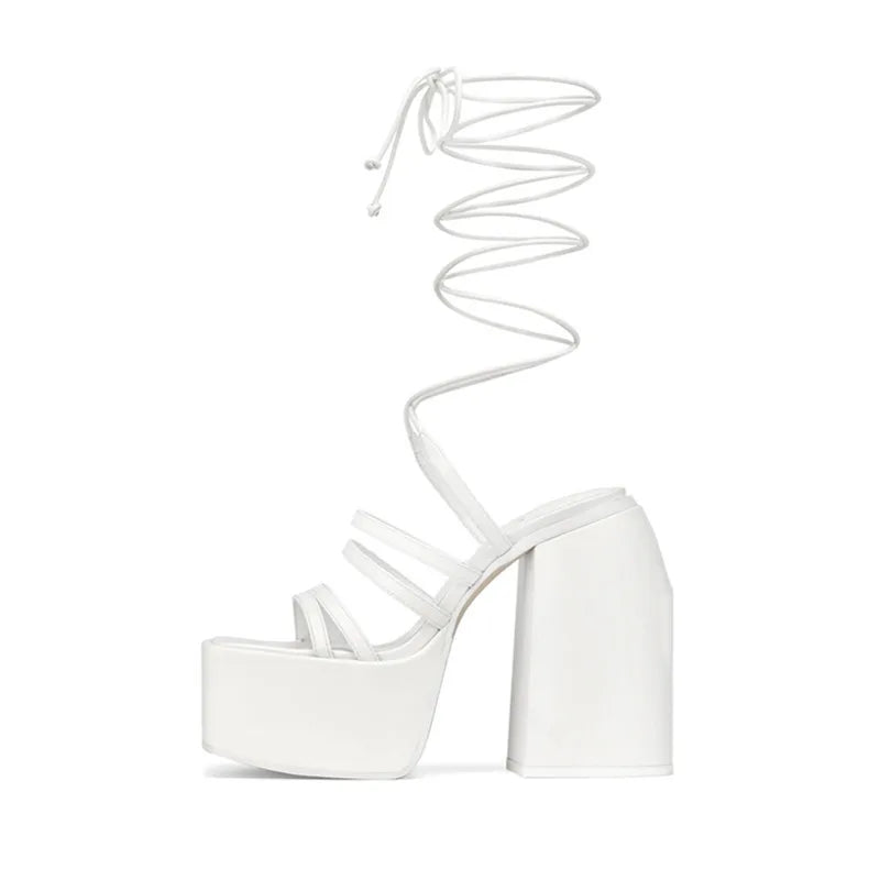 Women's Fashionable Heeled Sandals Summer Shoes Featuring Colorful Thick-soled Spiral High Heels Platform Multi Strappy Shoe New WHITE