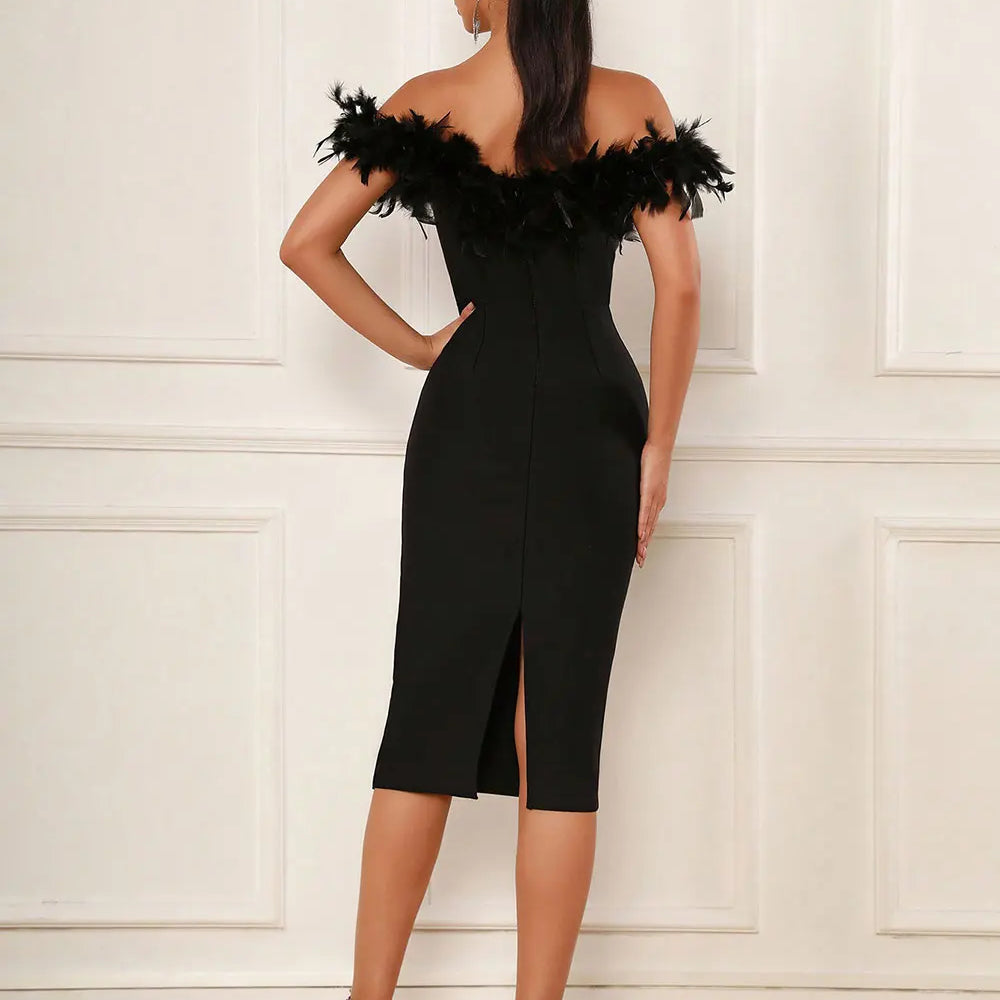 2025 Spring Sexy Women's Light Luxury Feather Design Bandage Dress One Collar Shoulder Bodycon Bareback Dresses Party Vestidos