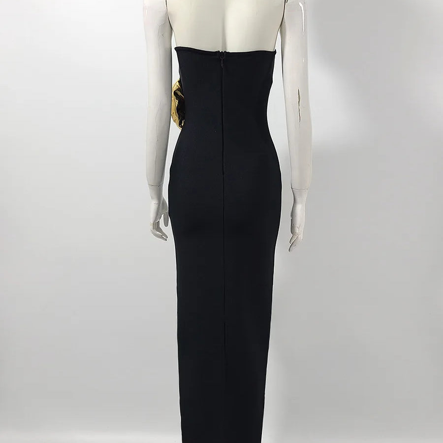Black Color Women Sexy Strapless Big Gold Florals Bodycon Bandage Long Dress Fashion Elegant Evening Party Cocktail Dress