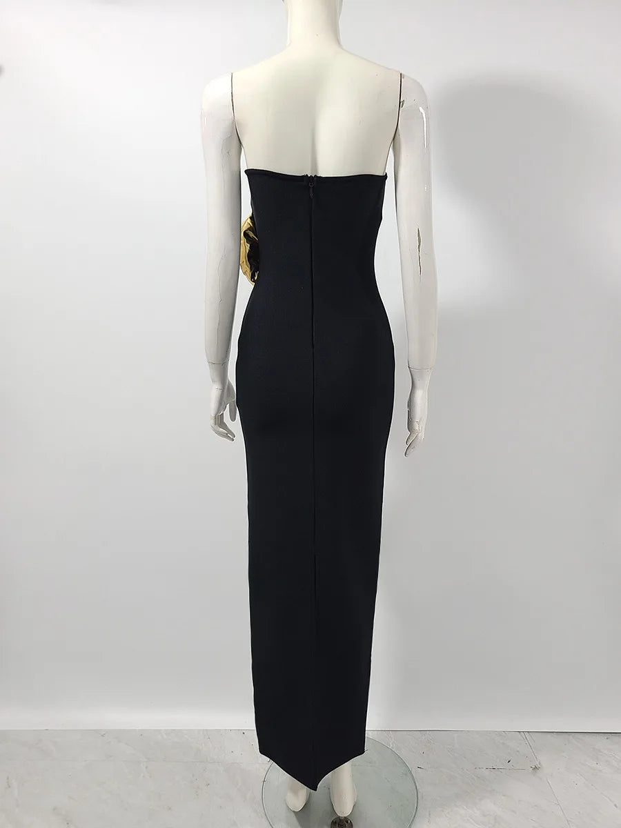 Black Color Women Sexy Strapless Big Gold Florals Bodycon Bandage Long Dress Fashion Elegant Evening Party Cocktail Dress