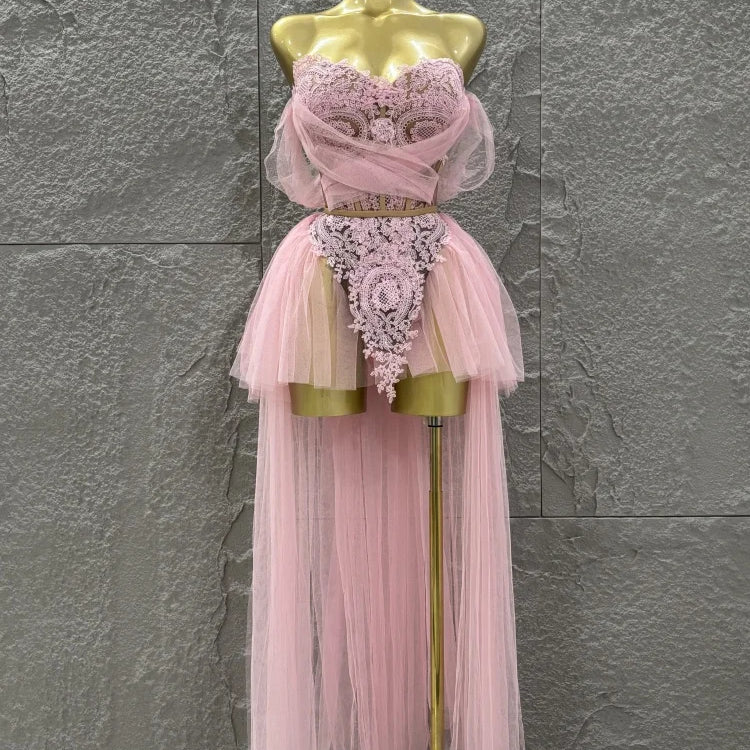 STOCK Women Sexy Strapless Laced-up Mesh 2 Pieces Long Maxi Dress Celebrate Evening Party Birthday Prom Outfit