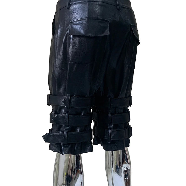 Lautaro Summer Cool Hard Black Pu Leather Shorts for Men with Many Belt High Waist Short Punk Style European Fashion Emo Clothes