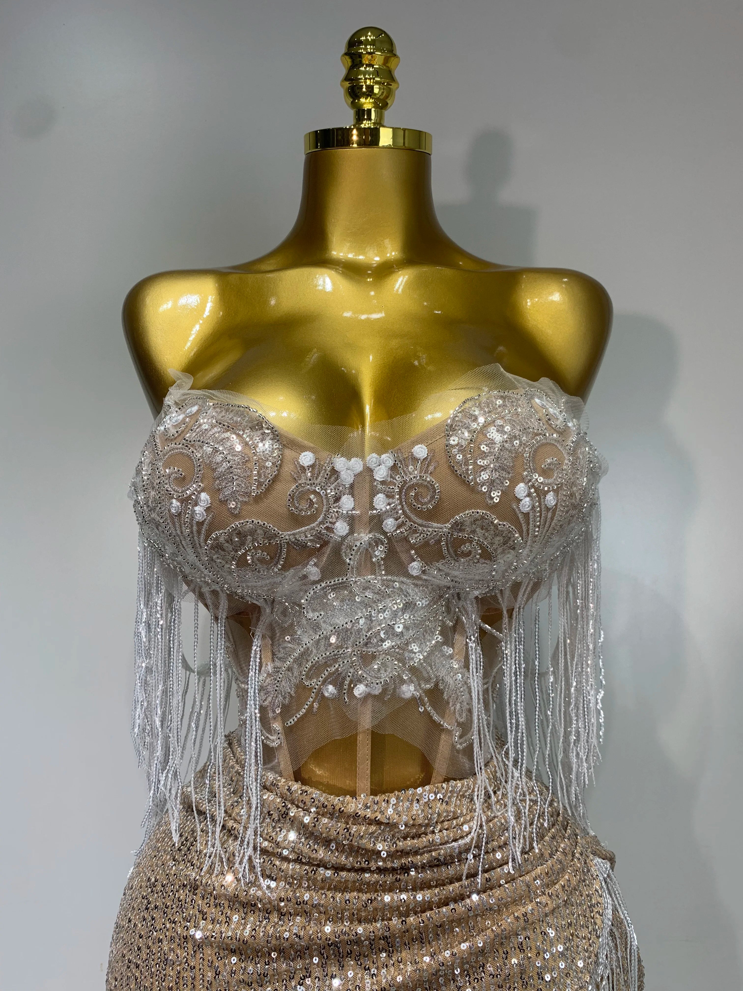 Women Sexy Singer Performan Costume Nightclub Girl Sparkly Sequin Tassel Two Piece Set 2025 Evening Party Luxury Birthday Outfit