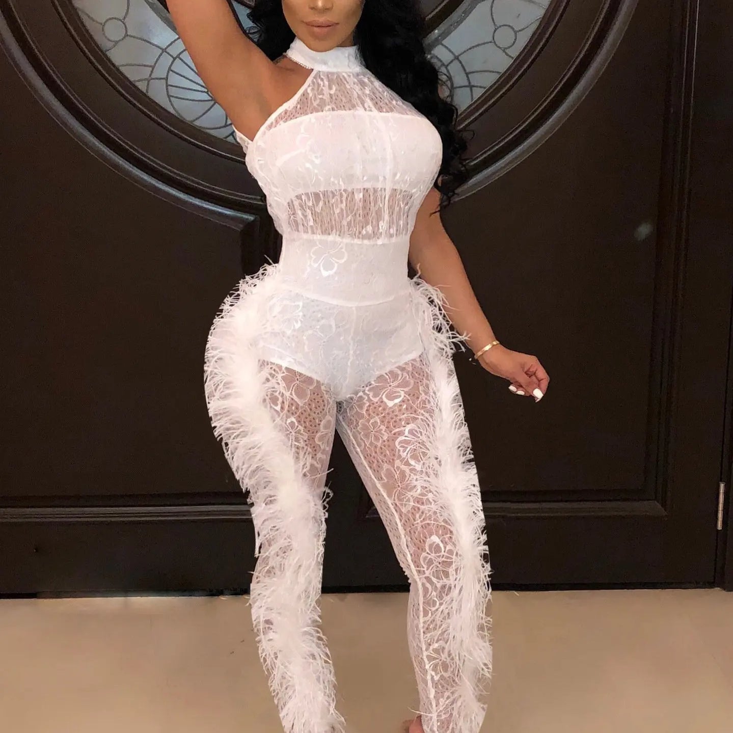 CM.YAYA Fashion Women Sleeveless Lace See Though Fur Side Skinny Stretchy Jumpsuit Streetwear Sexy One Piece Suit INS Playsuits