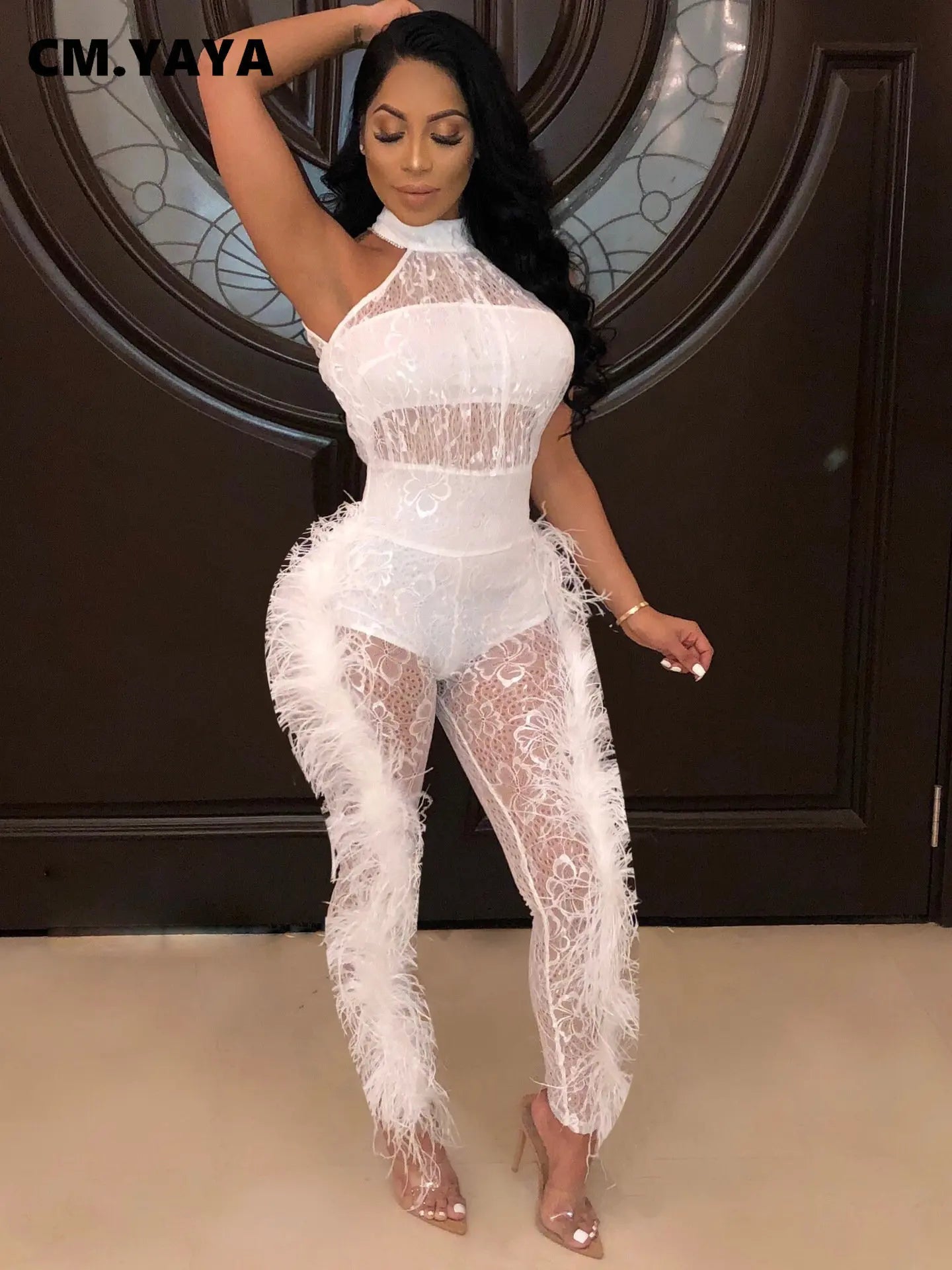 Fashion Women Sleeveless Lace See Though Fur Side Skinny Stretchy Jumpsuit Streetwear Sexy One Piece Suit INS Playsuits