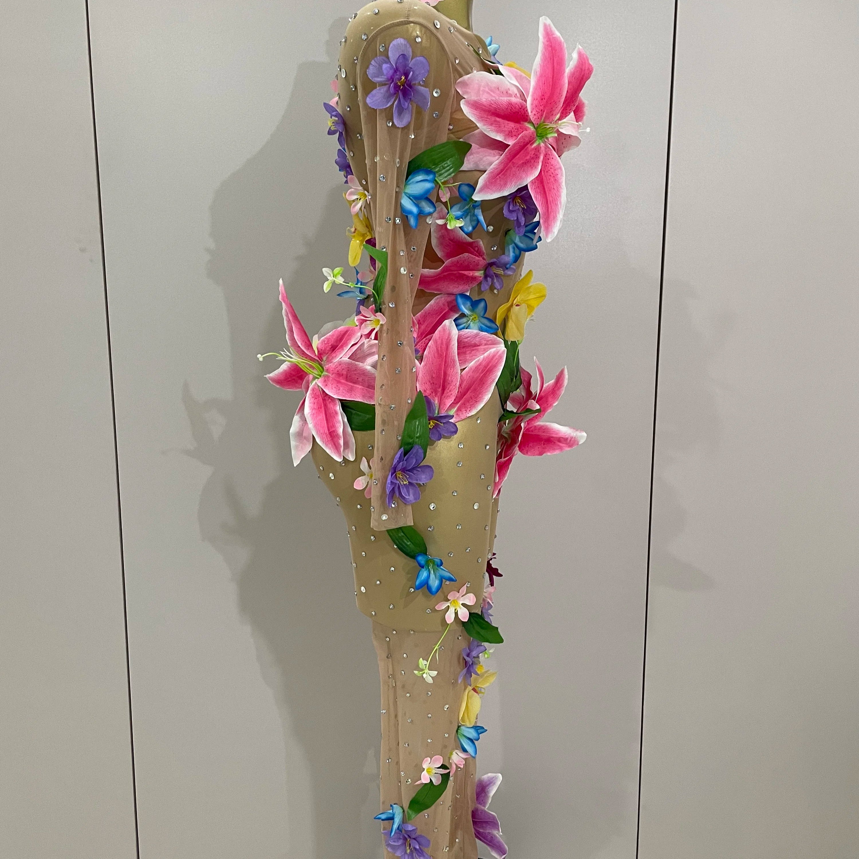 2025Sparkly Rhinestones 3D Flower Nude Mesh Transparent Jumpsut Women Evening Party Birthday Nightclub Performance Stage Costume