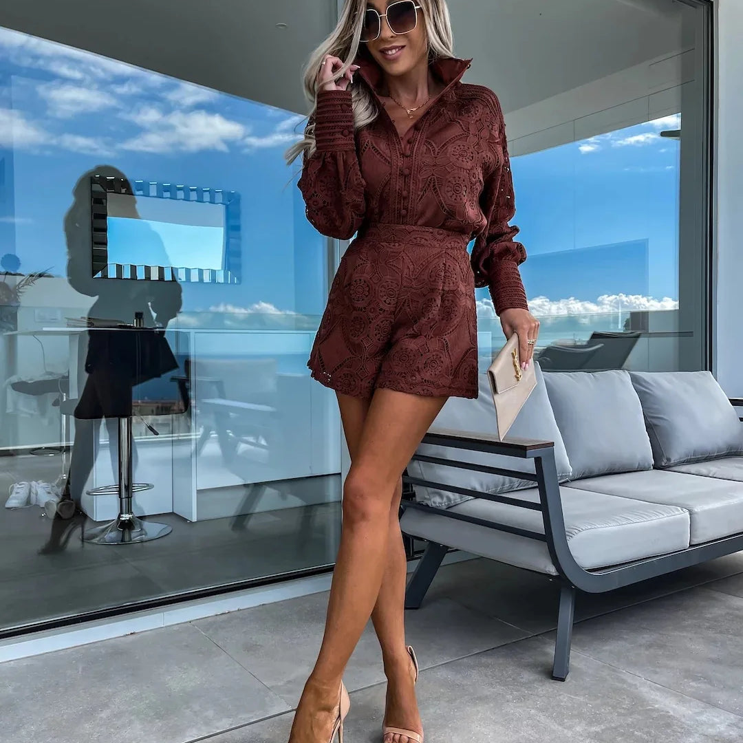 Foridol Vintage Single Breasted White Lace Women Shorts Sets Spring Long Sleeve Casual Party 2 Pcs Outfits Femme Suit Summer