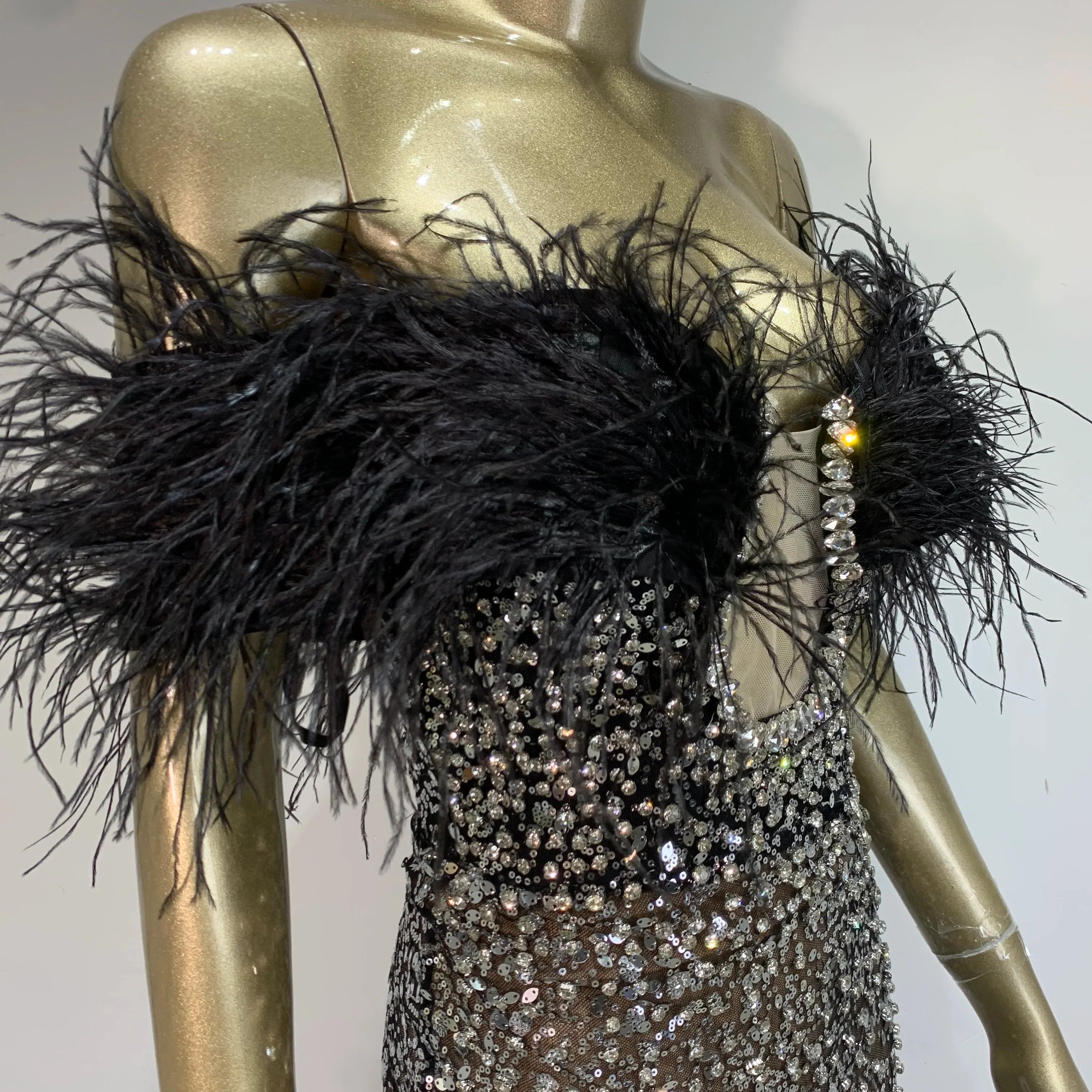 Women Celebrity Sexy Off Shoulder Feather Beading Sequins Maxi Long Gowns Dress Elegant Evening Party Club Dress Vestido