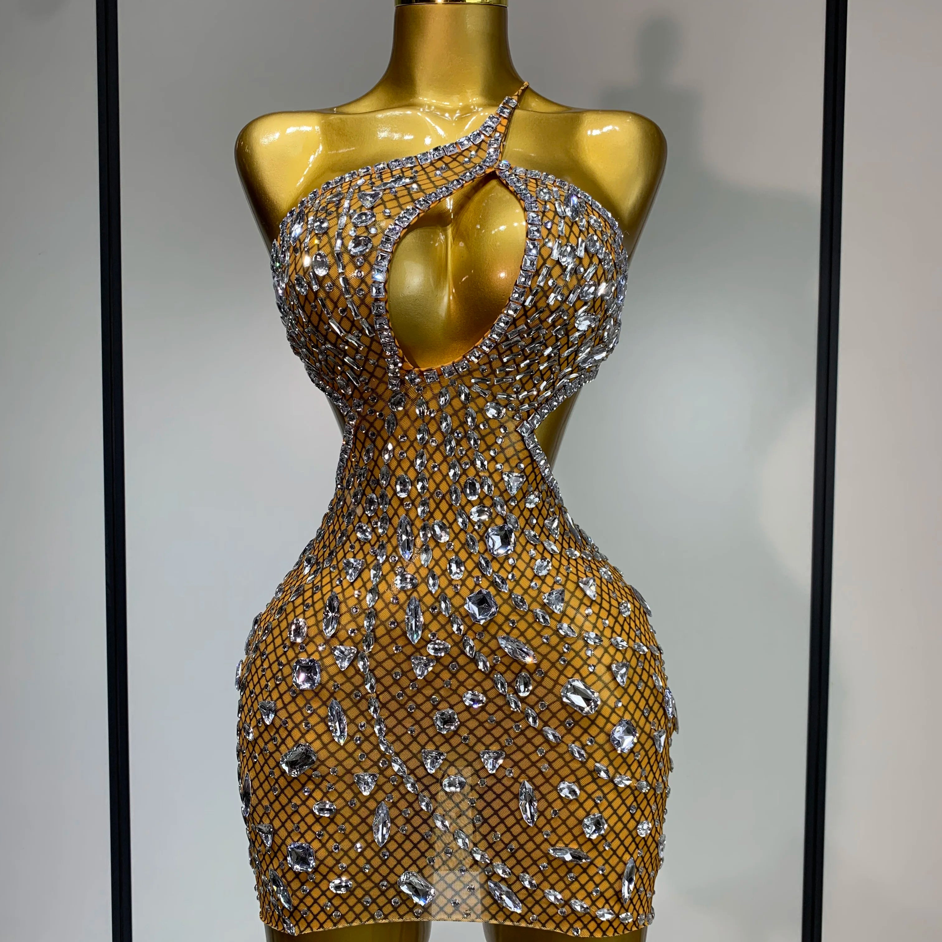Sparkly Rhinestones Backless Mini Dress Women Sexy Mesh Transparent Celebrate Evening Birthday Dress Photo Shoot Stage Wear Yellow