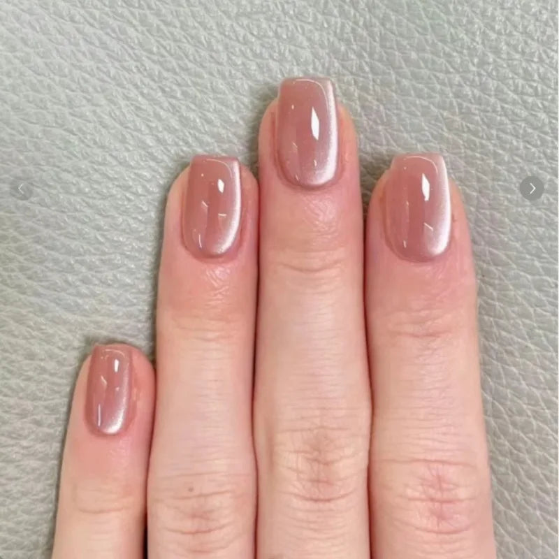 24Pcs Solid Color Pink False Nails Set with Glue Simple Short Square Head Fake Nail Cat's Eye Press on Nails Finished Nail Tips 01
