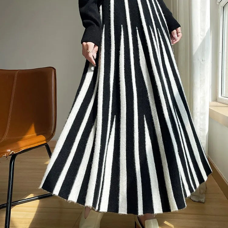 100% Pure Wool Half Skirt Women's High Waisted Knitted Long Skirt Fashion Striped A-Line Skirt Umbrella Skirt Autumn Winter New