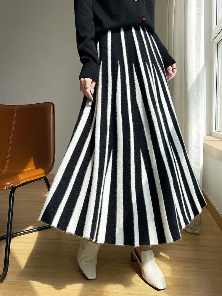 100% Pure Wool Half Skirt Women's High Waisted Knitted Long Skirt Fashion Striped A-Line Skirt Umbrella Skirt Autumn Winter New