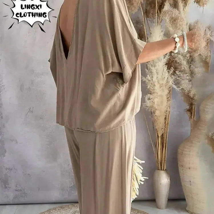 2024 Summer Fashion New Women's Elegant Loose High Waist Plus Size Set Off Back Elastic Waist Retro Women's Two Piece Set