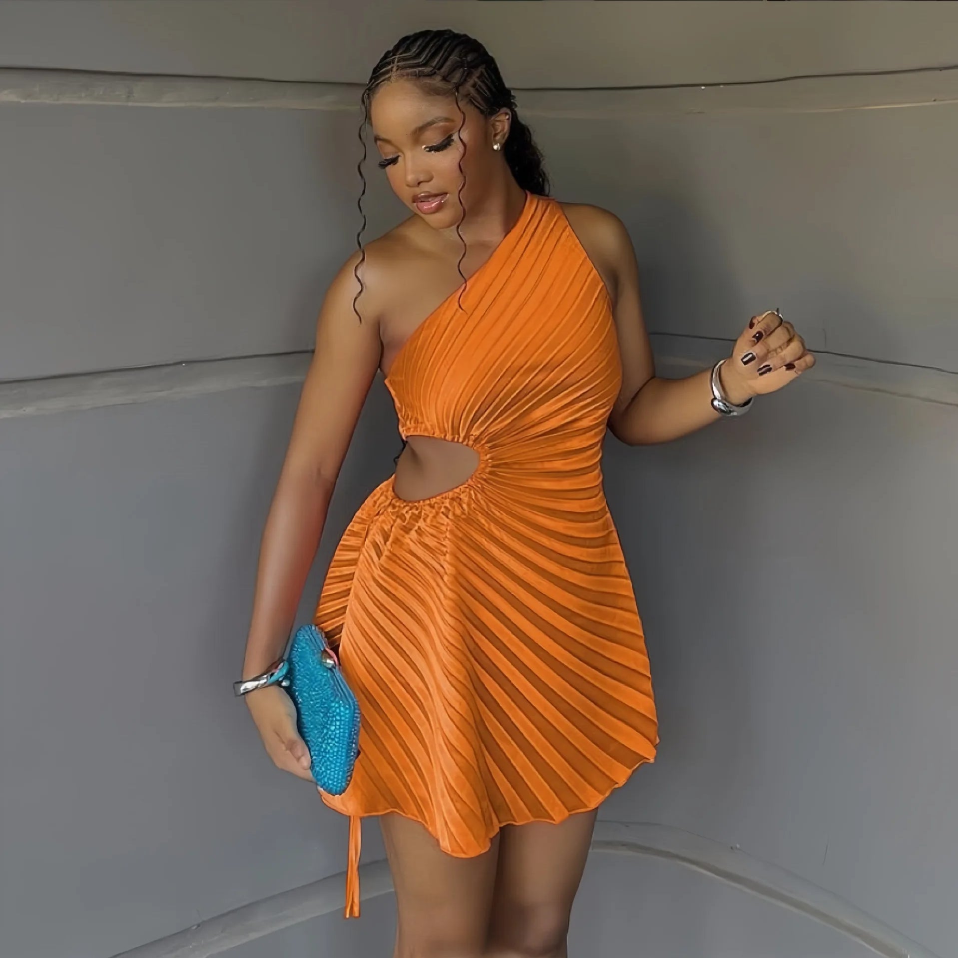 Women Pleated One Shouloder Sleeveless Cutout Waist Dress 2025 Evening Sexy Club Party Evening High Street Dresses Orange