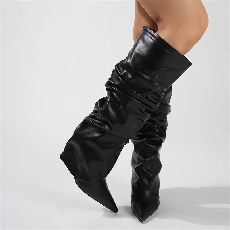 Pleated Black Leather Women's Knee High Boots Sexy Slip On Wedges Shoes Party Ladies Pointed Toe Women High Knee Botas Femininas