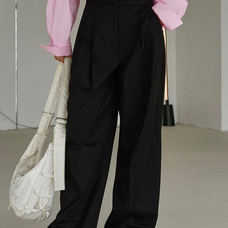 [LANMREM] Minimalism Wide Leg Pants For Women spring New Solid High Waist Straight Loose Trousers Fashion Clothing 26D5746 Black