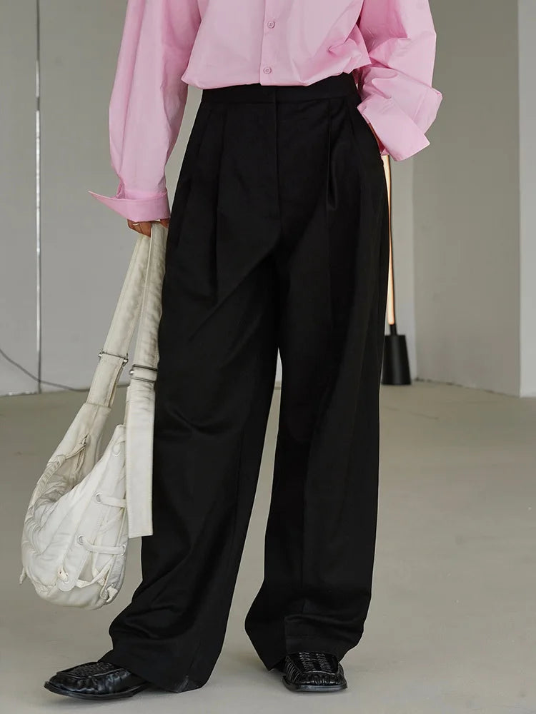[LANMREM] Minimalism Wide Leg Pants For Women spring New Solid High Waist Straight Loose Trousers Fashion Clothing 26D5746 Black