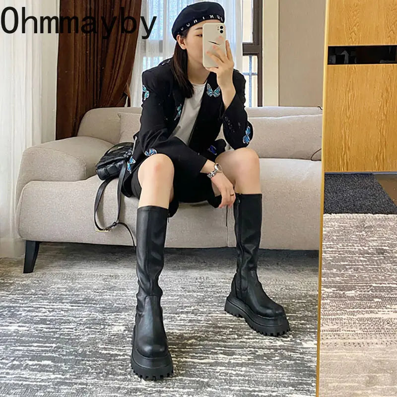 Winter Chunky Platform Heels Long Boots Round Toe Zipper Thick Sole Ladies Fashion Winter Women's Knee High Boots