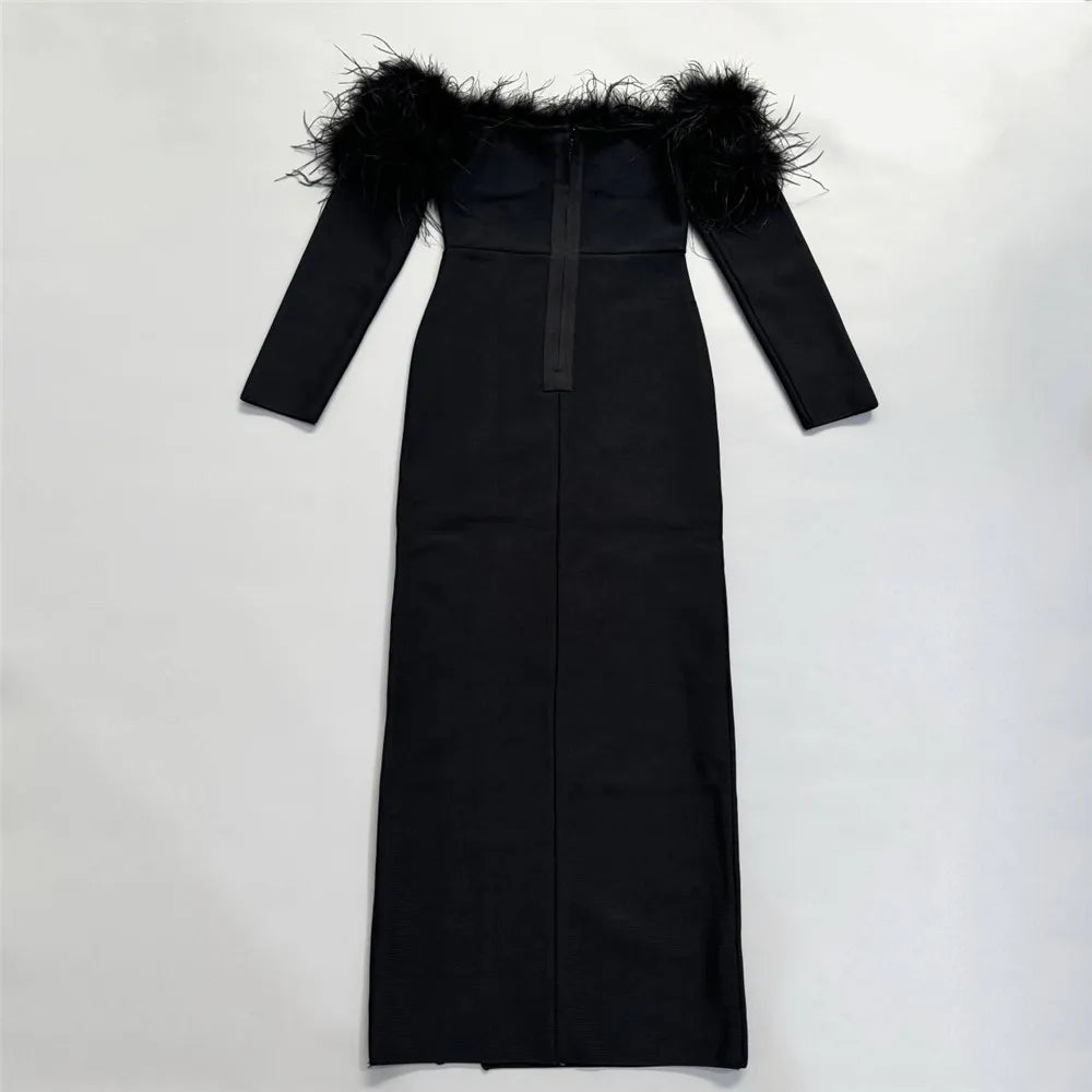 Women Long Sleeve Sexy Off the Shoulder Feathers Shinning Crystal Bodycon Long Bandage Dress Evening Party Cocktail Outfit
