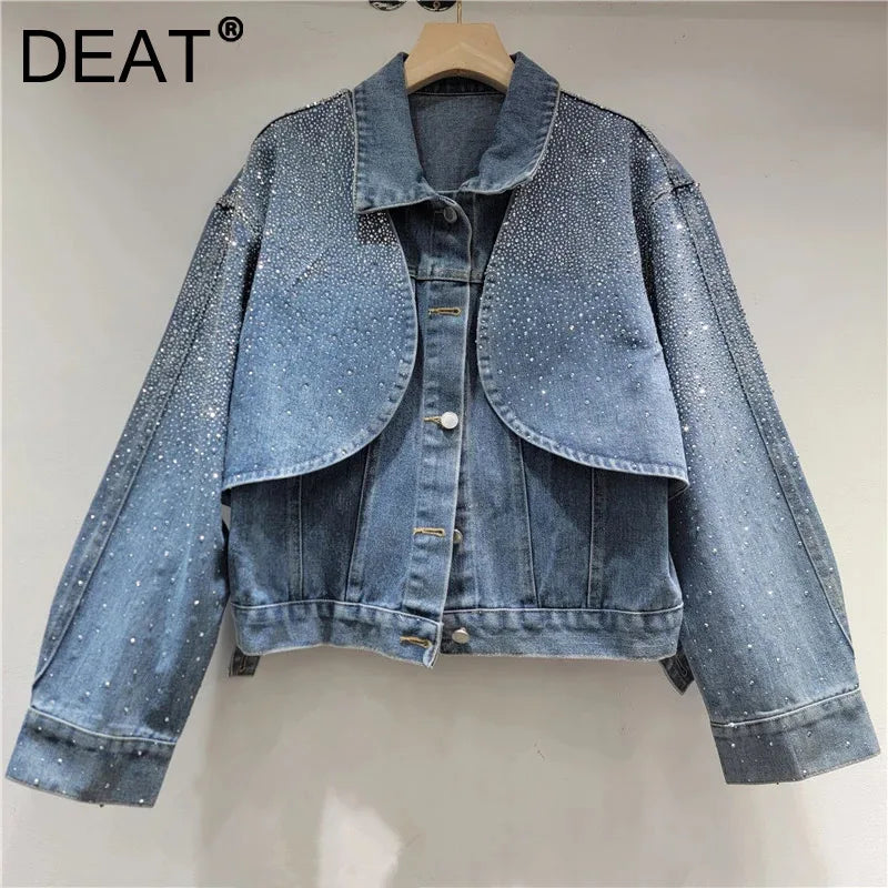 New Heavy Industry Bright Diamond Shiny Short Long Sleeve Cardigan Coat Vest Denim Two-piece Set For Women 11A07630