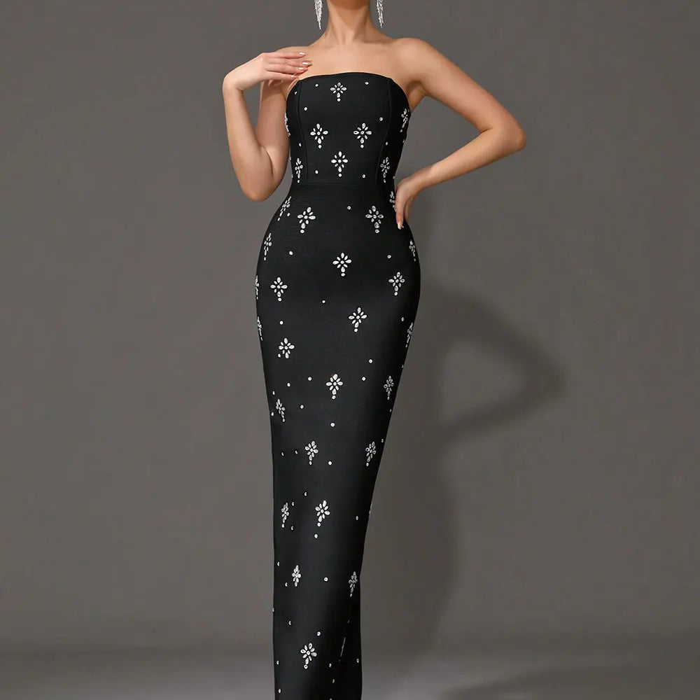 2024 Sexy Women'S Light Luxury Rhinestone Bandage Dress Strapless Sleeveless Bodycon Backless Long Dress Christmas Party Vestido black