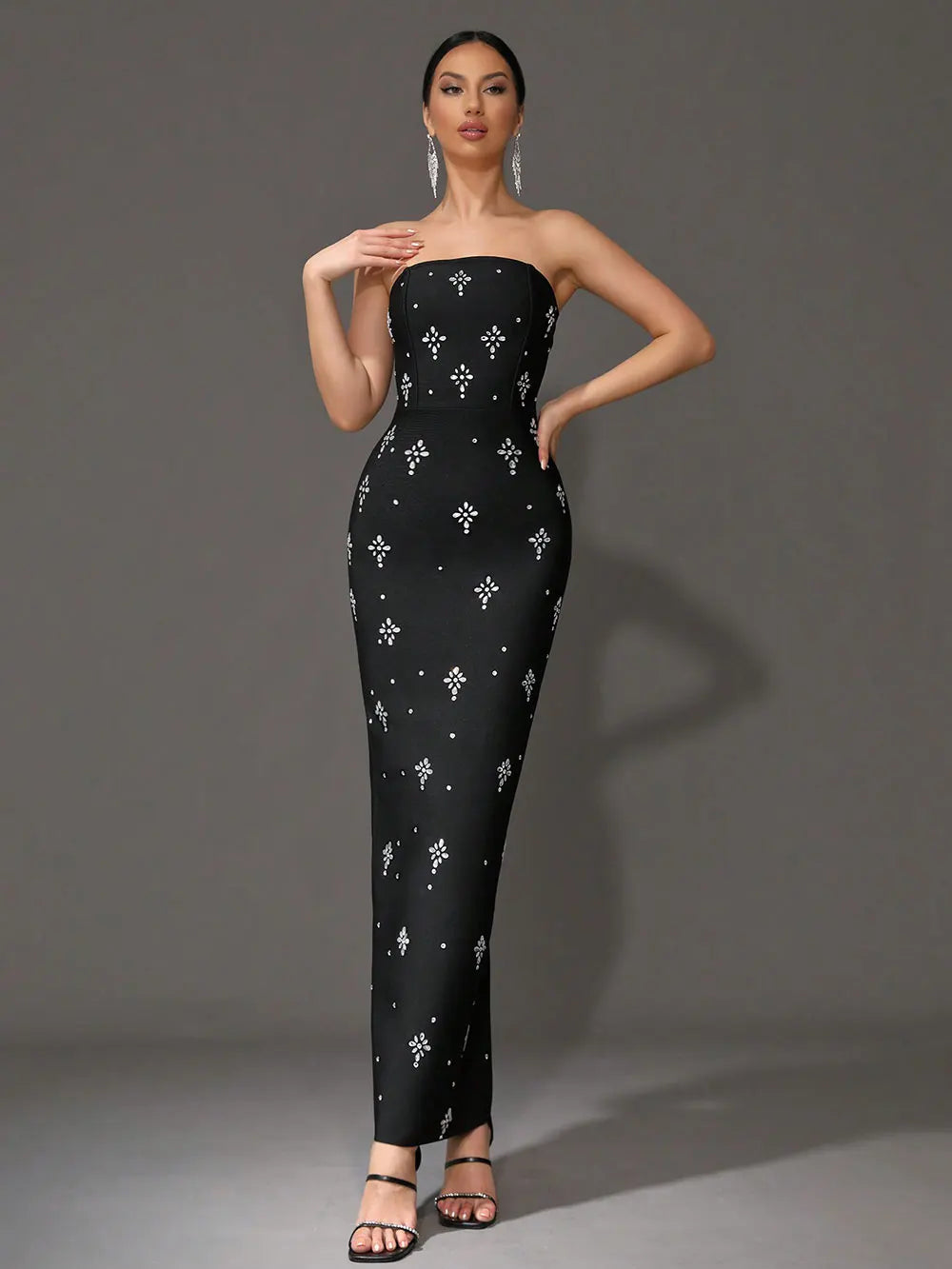 2024 Sexy Women'S Light Luxury Rhinestone Bandage Dress Strapless Sleeveless Bodycon Backless Long Dress Christmas Party Vestido black