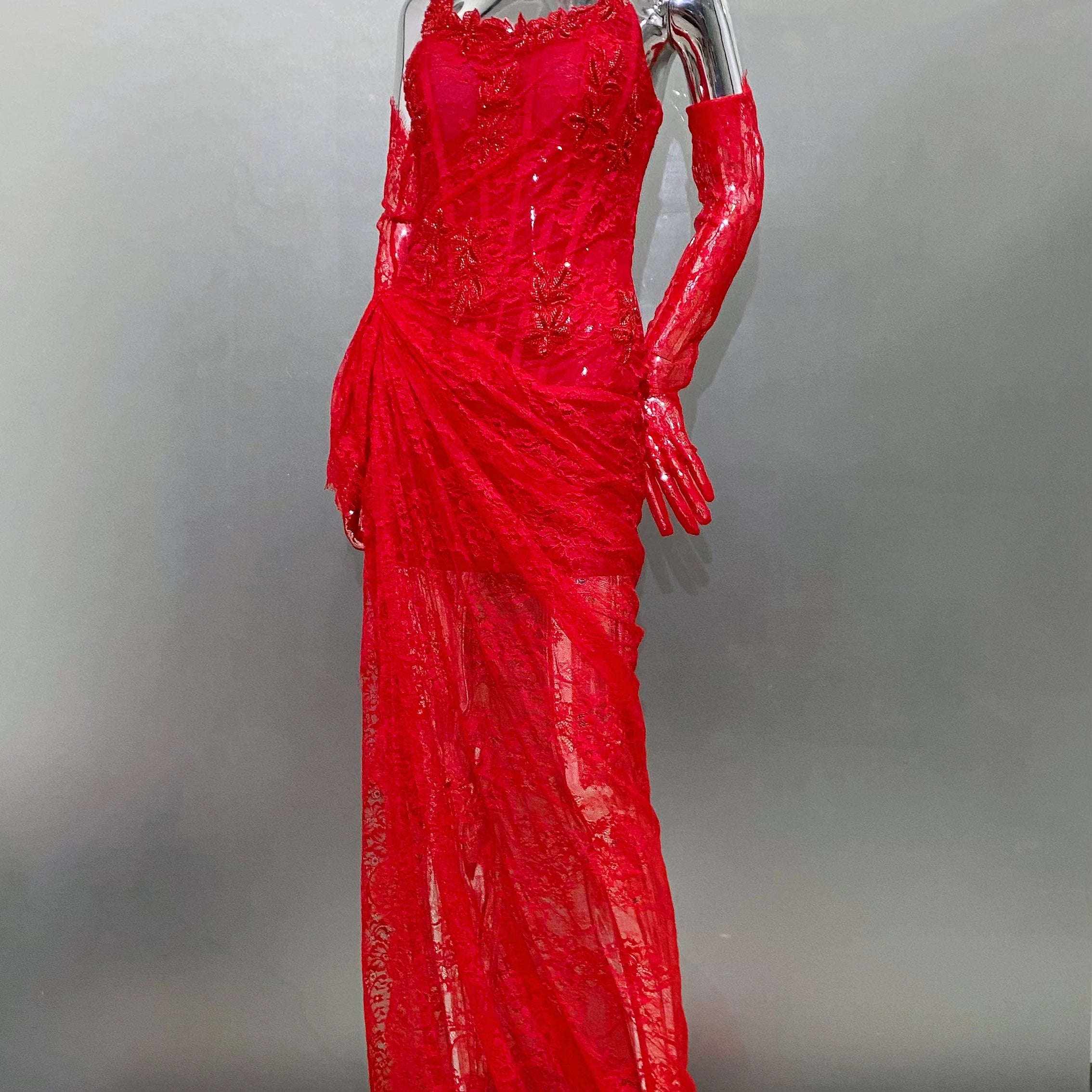 Red Color Women Sexy Strapless Lace High Split Bodycon Floor-Length Dress Gloves Wedding Party Mermaid Celebrate Dress