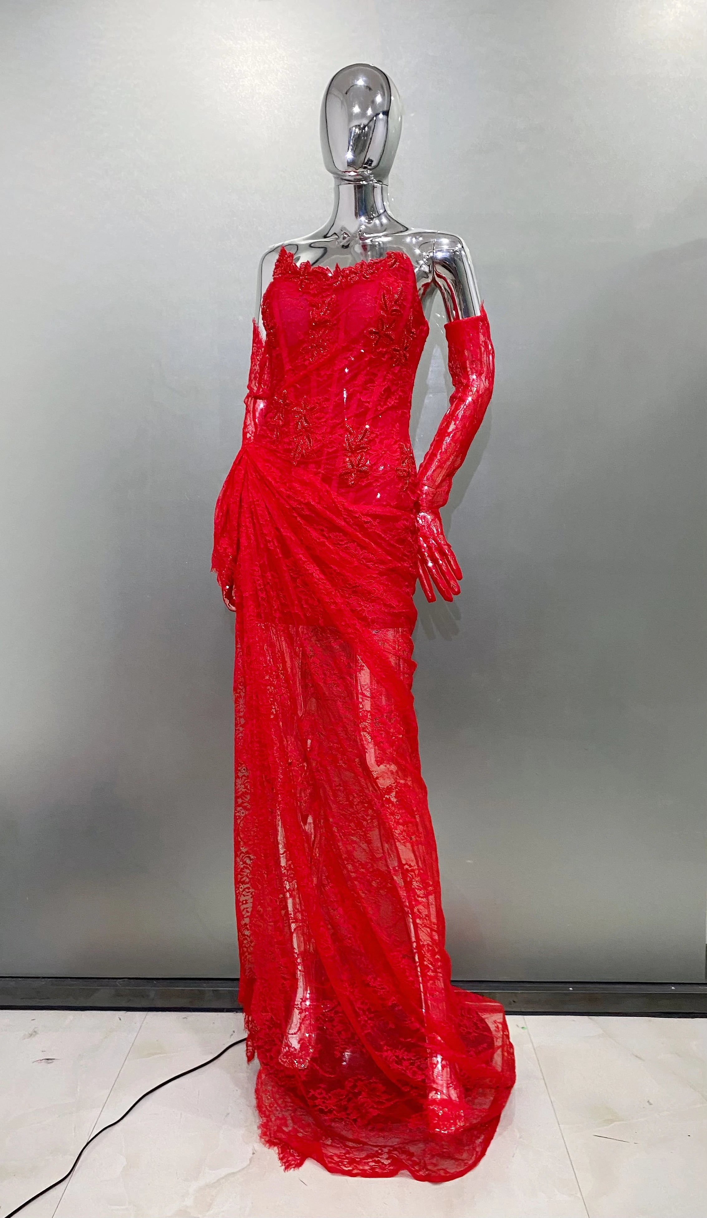 Red Color Women Sexy Strapless Lace High Split Bodycon Floor-Length Dress Gloves Wedding Party Mermaid Celebrate Dress