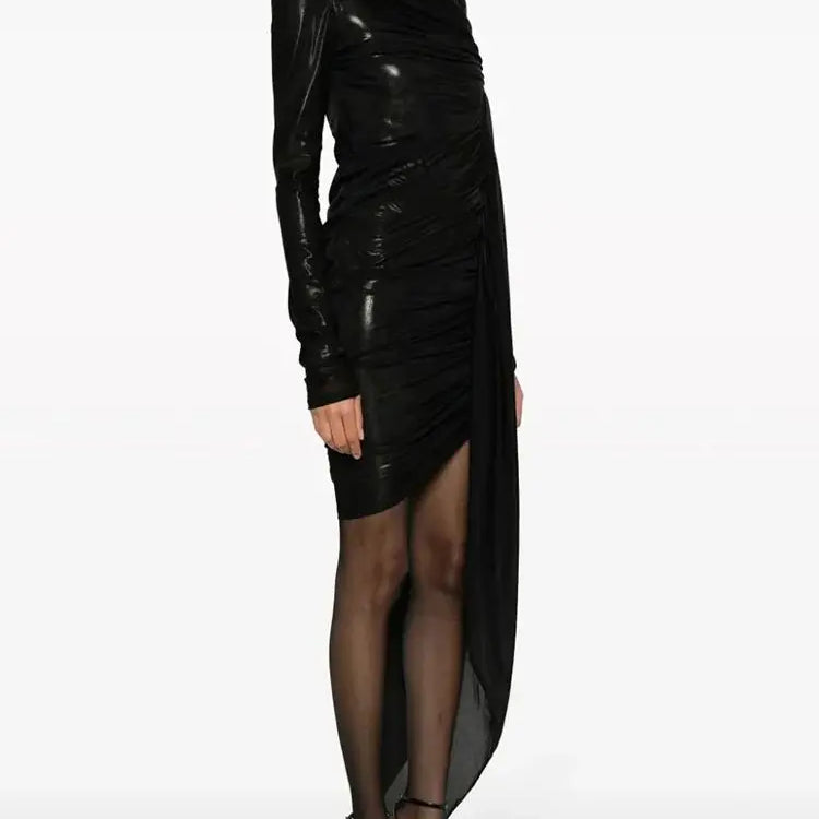 Ailigou New Women's Black Sexy Perspective Mesh Pleated Design Long sleeved Tight Mini Dress Elegant Celebrity Party Dress