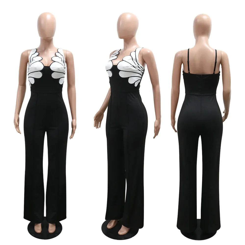 Women V-Neck Backless Wide Leg Straight Sleeveless Jumpsuits 2025 Spring Patchwork Sexy One Piece Set Streetwear Outfits