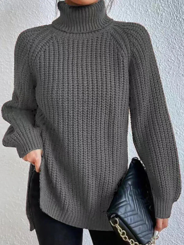 Women Winter Turtleneck Loose Sweater Elegant Drop Sleeve Side Split Pullover Vintage Harajuku Chic Jumpers Oversized knit Tops Dark Grey